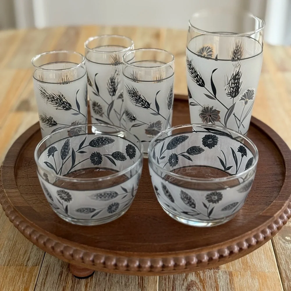 Vintage Libbey Frosted Silver Leaf Wheat Glassware Set of Six 1960s MCM